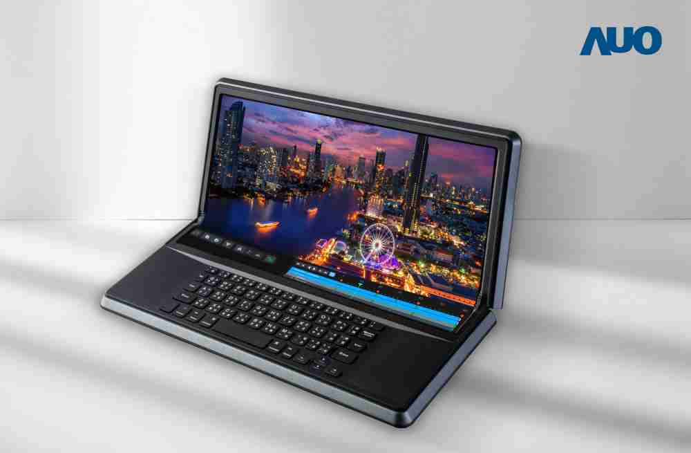 开云电子14.6吋Micro LED折迭显示屏幕，，，，搭配半径4mm的弯折绞炼，，以及高画素、、高亮度、、、高对比度的显示技术特点，，即便在大视角下仍保有绝佳色相与亮度